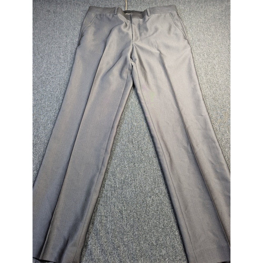 JF J.Ferrar Mens Gray Herringbone Slim Fit Dress Pants 36x32 Flat Front Trousers